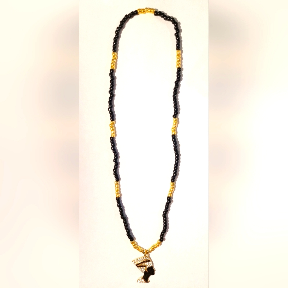 Black and gold Nefertiti beaded stretch Egyptian African necklace